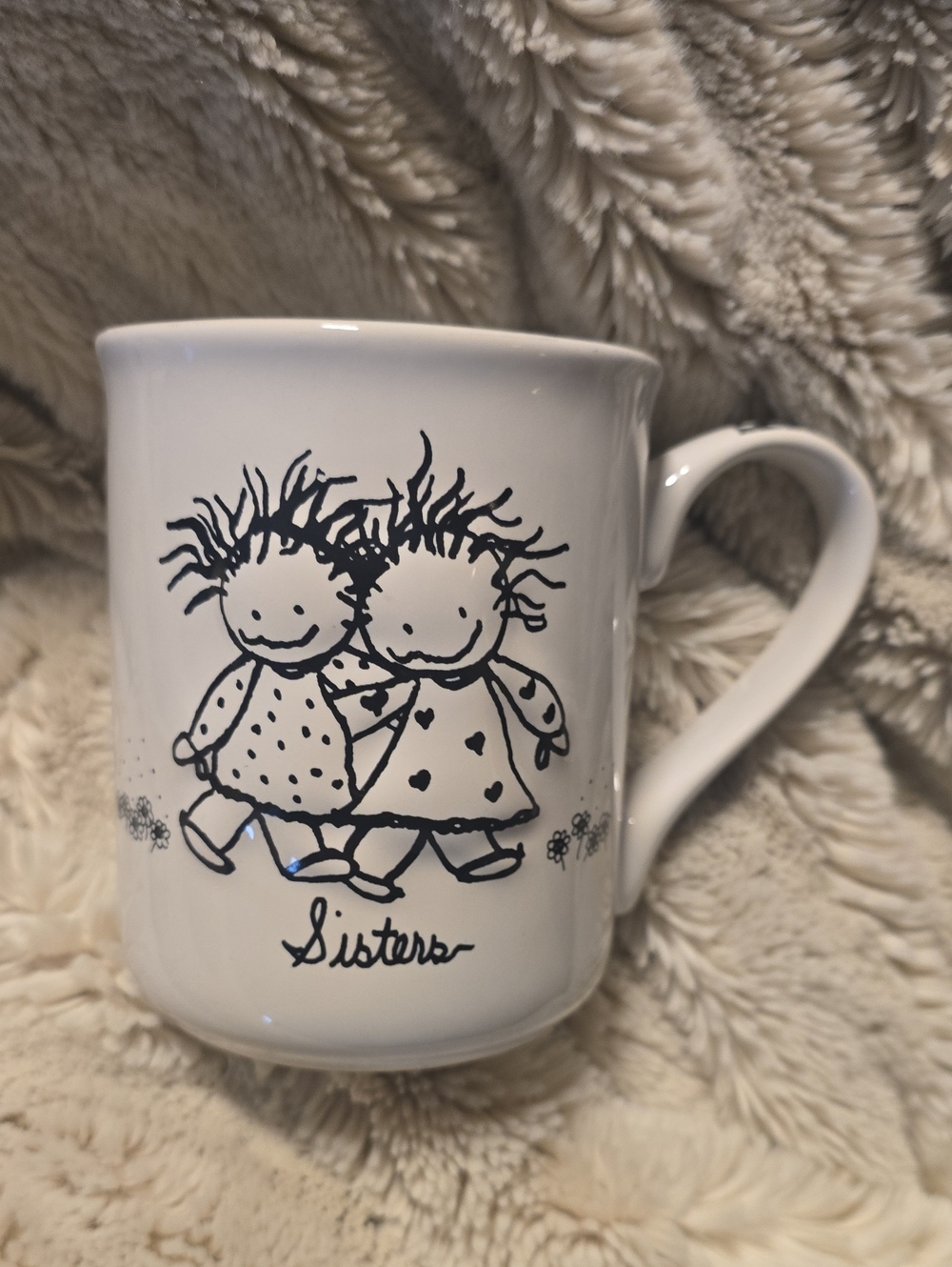 White 'Sisters' Ceramic Mug with Black Illustration